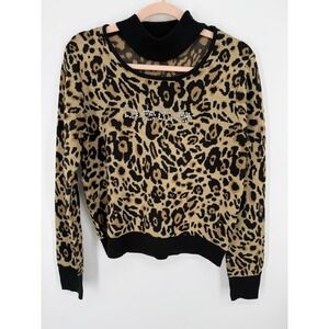 Bebe‎ Leopard Print Sweater Womens Medium Rhinestone Logo Y2K Choker Cutout Knit